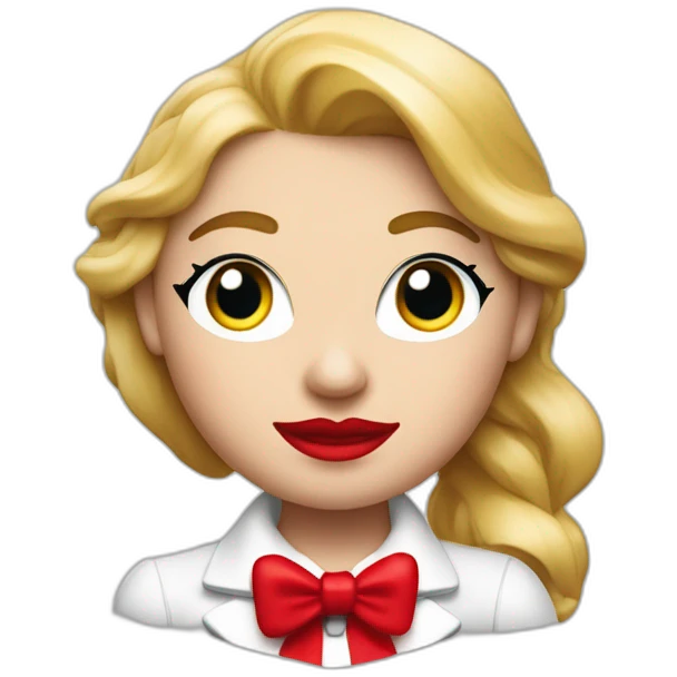 una cabeza de una chica rubia con el pelo largo apoyada sobre sus brazos con blusa de manga larga de color rojo al estilo de mr. monopoly emoji