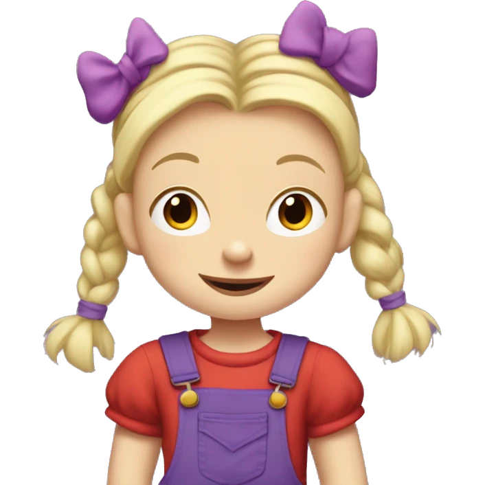 A little blonde girl with pigtails and little purple bows wearing a red long sleeved shirt and purple overalls, rugrats emoji