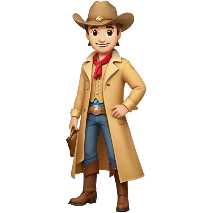 Clash of Clans aesthetic Cheerful Cowboy Portrait Emoji, With a bright, confident smile and a relaxed, adventurous stance, showcasing a stylized, spirited build in a duster coat and classic hat, his face rendered in natural skin tone, Simplified yet expressive features, highly detailed, glowing with a soft, golden western radiance, high shine, upbeat and daring, stylized with an air of classic cowboy allure, soft glowing outline, capturing the essence of a cheerful cowboy ready to gallop into epic adventures! emoji