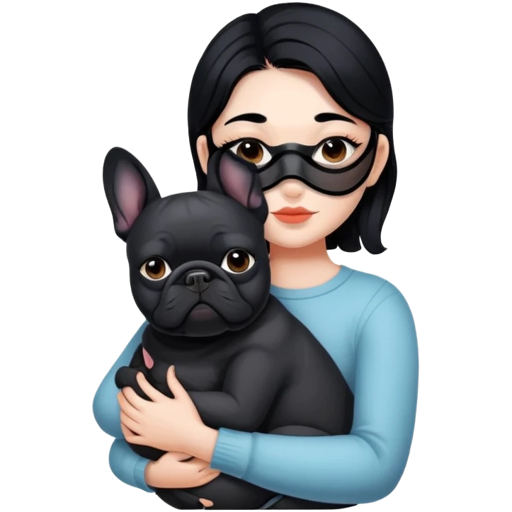 girl with short black straight band hair wearing a mask and hugging a black French bulldog emoji