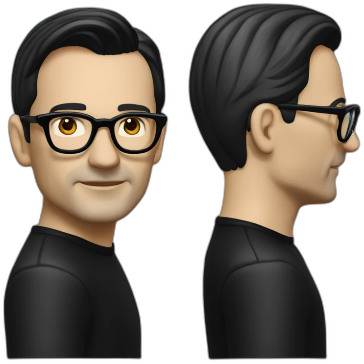 small photo realistic Ralf Hutter from Kraftwerk, short straight black hair, Dark Brown eyes, black glasses, thin, black shirt, side view, waving emoji