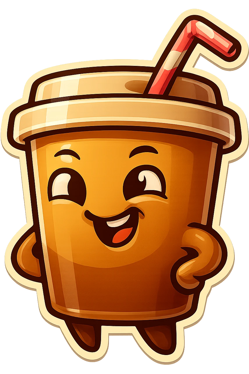 Tall coffee cup, amused, giggling, mischievous, drinking coffee with straw, looking sideways emoji