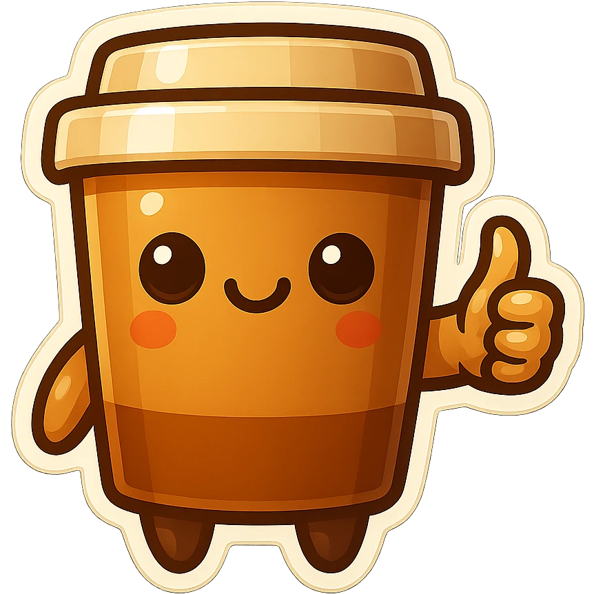 Tall coffee cup, no mouth, big thumbs up emoji