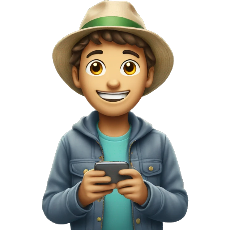 Happy boy with phone and hat emoji