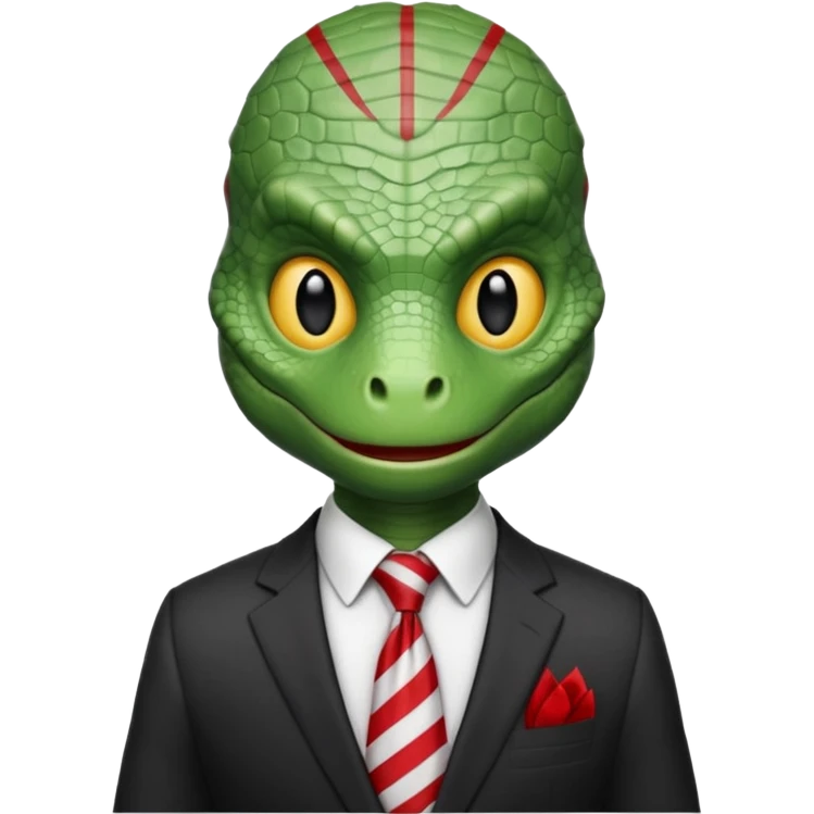 A reptilian humanoid dressing a suit, striped red and white tie, human emoji style, his face is seriously and sarcastic emoji