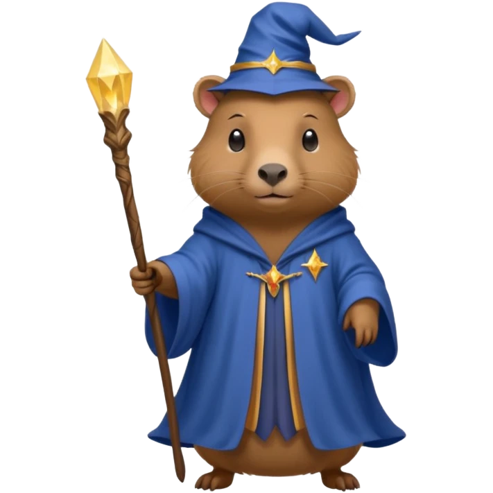 A mythical Queen Capybara wearing a wizard robe and a wand emoji