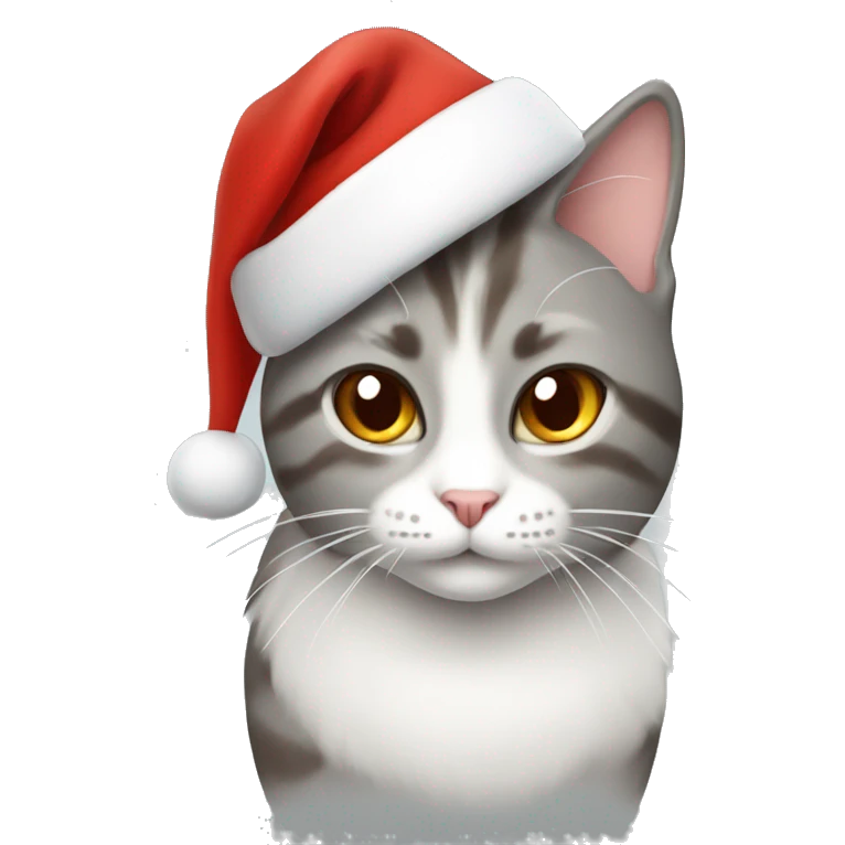 Grey white and brown cat with christmas hat emoji
