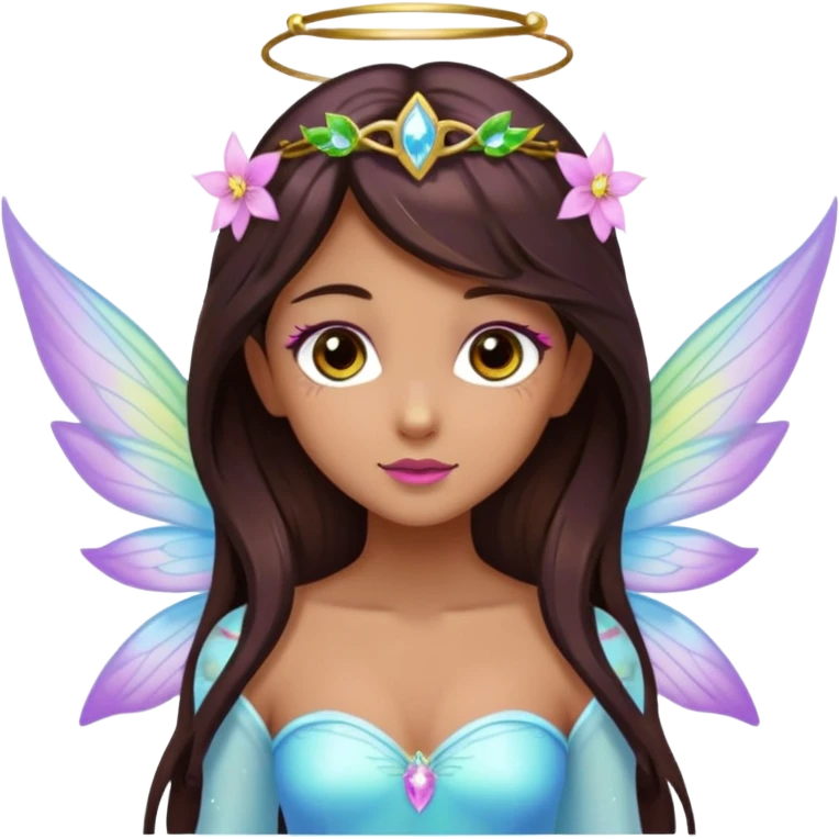 Earthreal sparkly angelic mystical magical shiny pretty Fairy. Dark Brown eyes, Caramel skin, Long dark brown hair. White, hot pink and light blue and lavender, light green, light yellow fairy wings. Tattoos emoji
