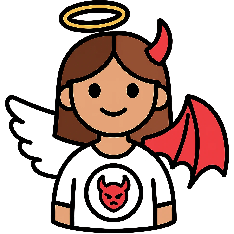 Edit this image to depict a brown-haired girl with a split angel and devil theme. One side is angelic with a halo and white wing, the other side devilish with a horn and bat wing. Remove the background. emoji