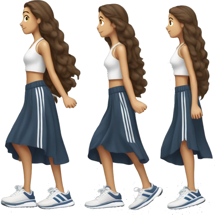 girl with long brown hair and long flowy maxi skirt and sneakers with adidas stripes, from profile,  lifting one leg backward in the air like she is striking a pose. full body emoji