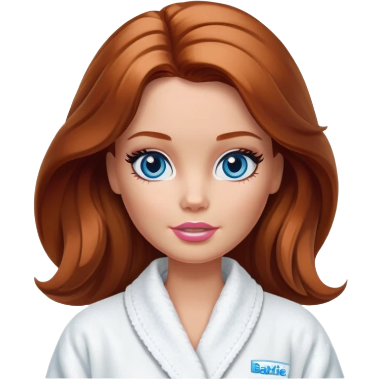 Barbie's face eyes blue with shoulder-length reddish-brown hair, makeup, cream smeared on her face , in a bathrobe with emoji