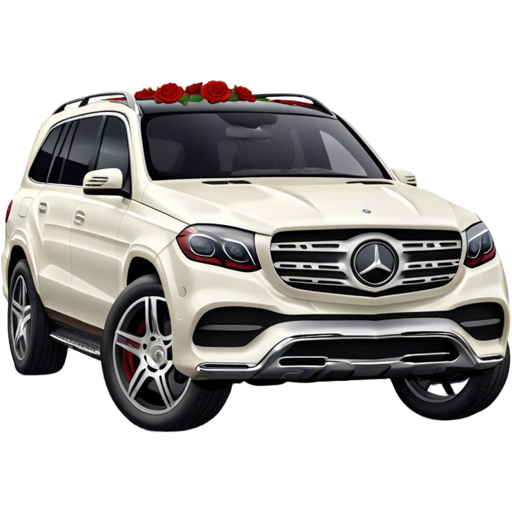 Side profile of White Mercedes GLS 600 with red roses on the hood emoji