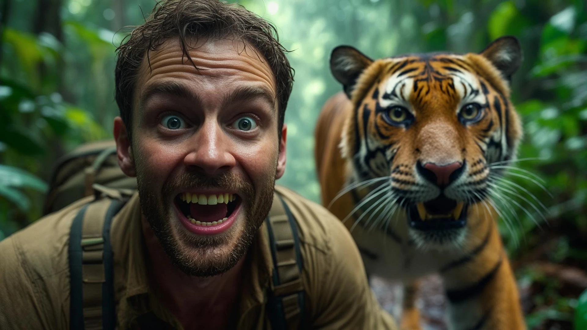 cinematic still, documentary photography, amazon jungle, well lit scene, man is exploring the jungle, close up, front shot, rule of thirds, tiger in background sneaking trying to jump on man emoji