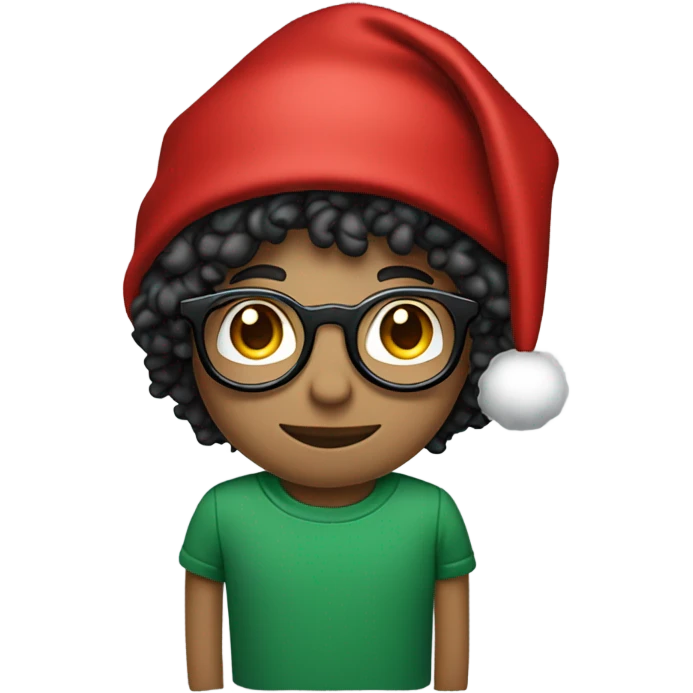 Unisex person ’light skin’ ’short curly dark green hair’ in a ’red Santa hat’ and black tshirt and round glasses  emoji