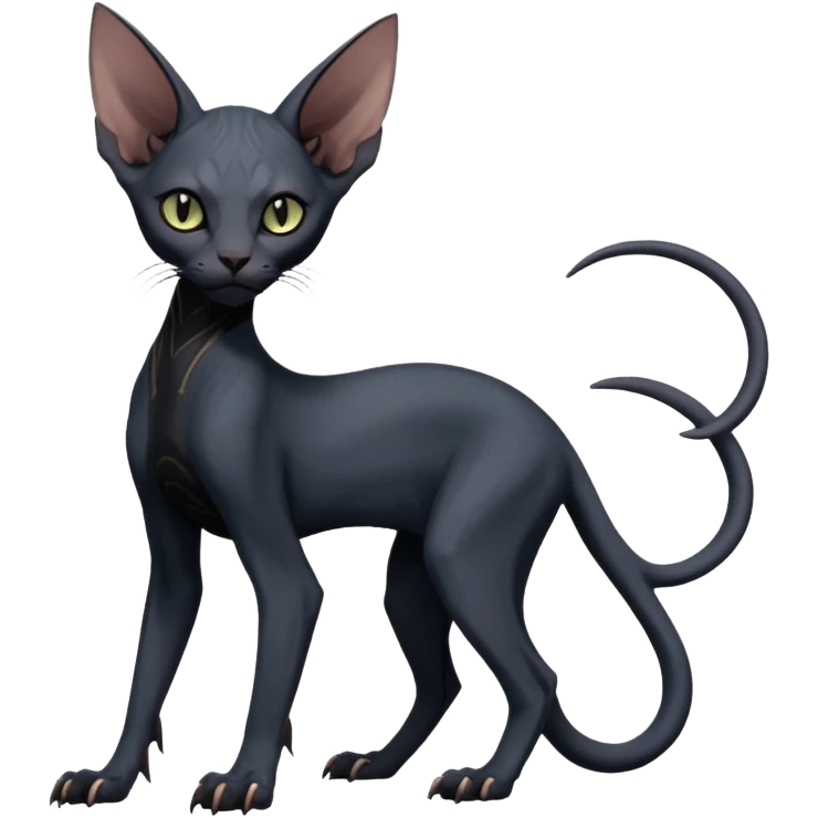 Futuristic Black Dark Abyssal Ethereal Modern Amaura-Bayleaf-Abyss-Lykoi-Sphynx-Fakémon-creature-hybrid Full Body emoji