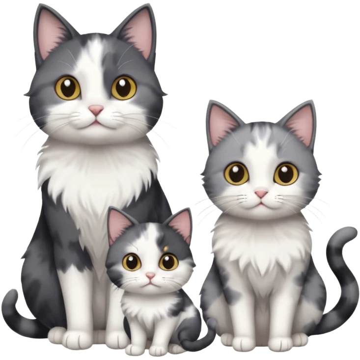 3 different coloured small cats including a dark grey and white, and a patchy calico and a completely solid dark grey with only white paws emoji