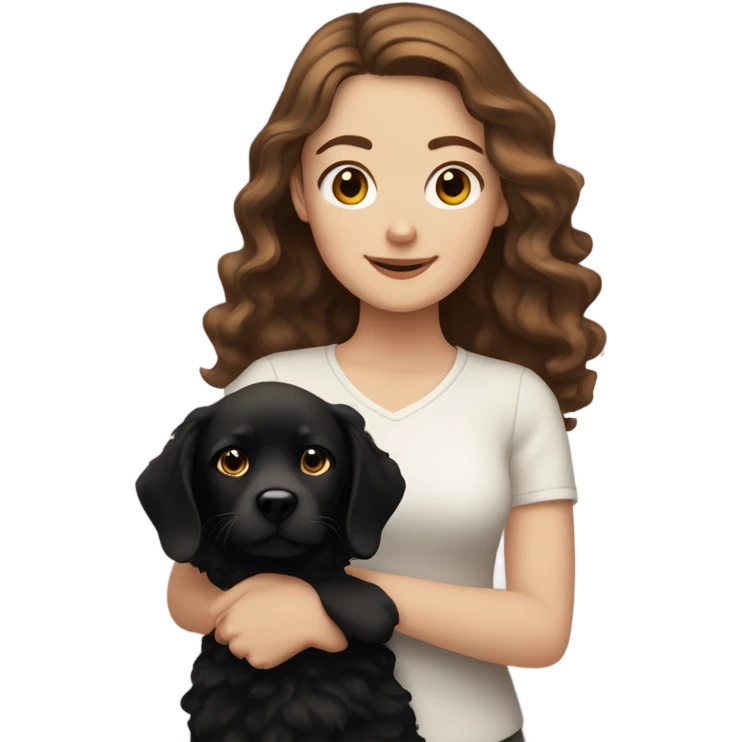 white girl with wavy brown hair holding black dog emoji