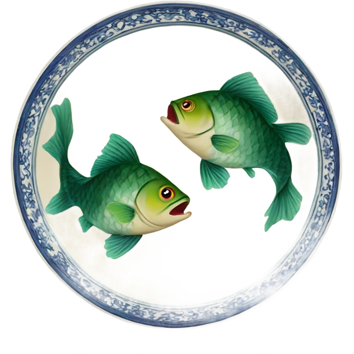 Two fish one above the other but green and beige china dish print emoji