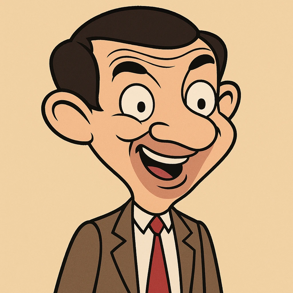 happy Mr. Bean, expressive face, cartoon style emoji