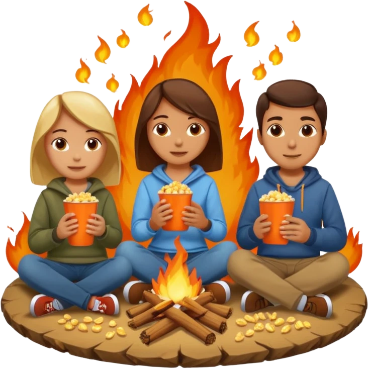 Born fire and people sitting beside born fire on chairs. Born fire is in the centre. People should be eating peanuts and popcorn. emoji