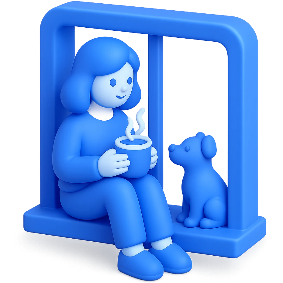 A woman sitting on a window sill, holding a cup of hot chocolate, with a dog beside her, cherry blossoms outside the window, and birds flying around. emoji