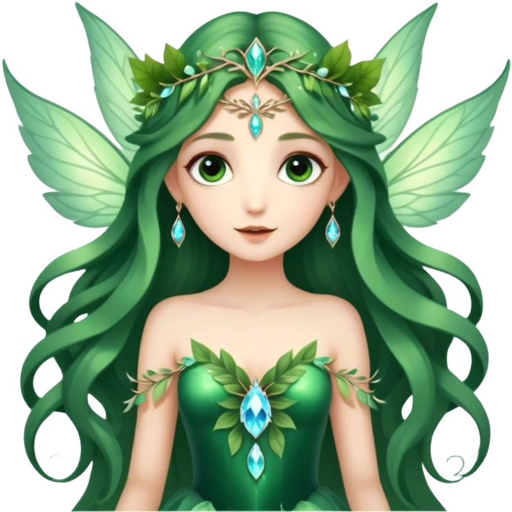 CGI, ultra detailed Forest fairy with long flowing hair, large shinning eyes, and beautiful jewel like luminescent wings. She is wearing a gorgeous gown of leaves emoji