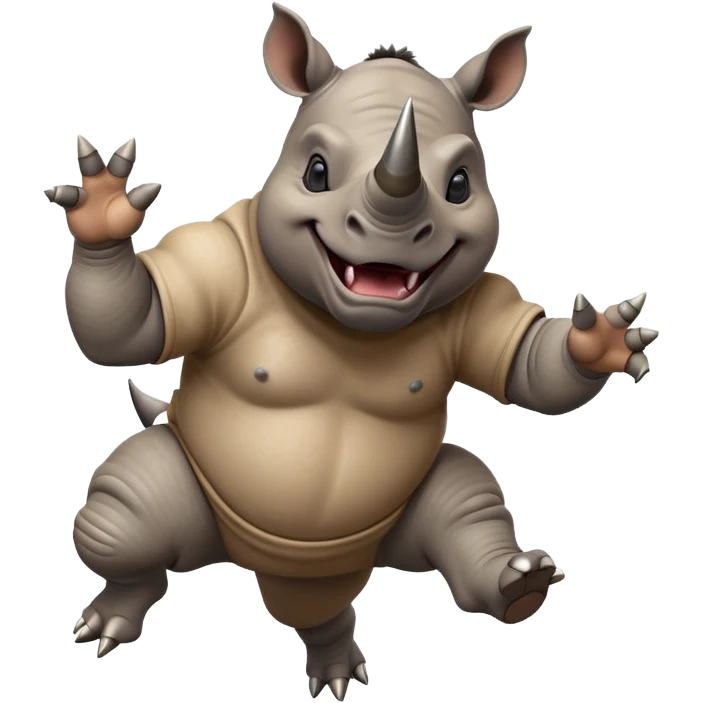 friendly anthropomorphised rhino jumping with excitement, wearing dark sunglasses, dynamic energetic pose emoji