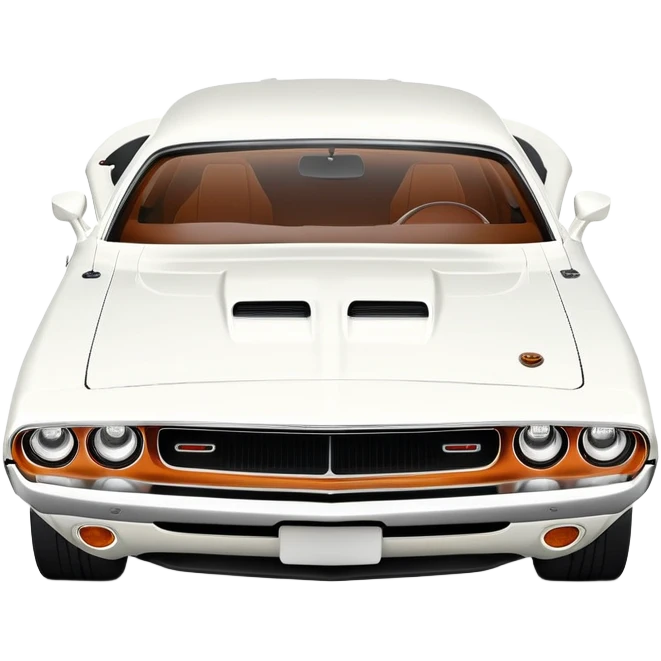White 1971 Dodge Challenger at 30-degree three-quarter view, detailed front headlights and grille visible, sleek all-white exterior, simplified iOS emoji style emoji