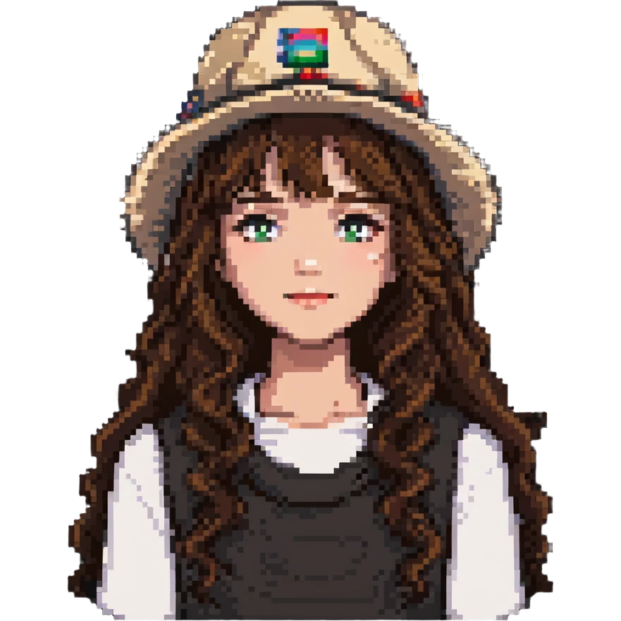 girl with long wavy brown hair wearing a hat pixel art emoji