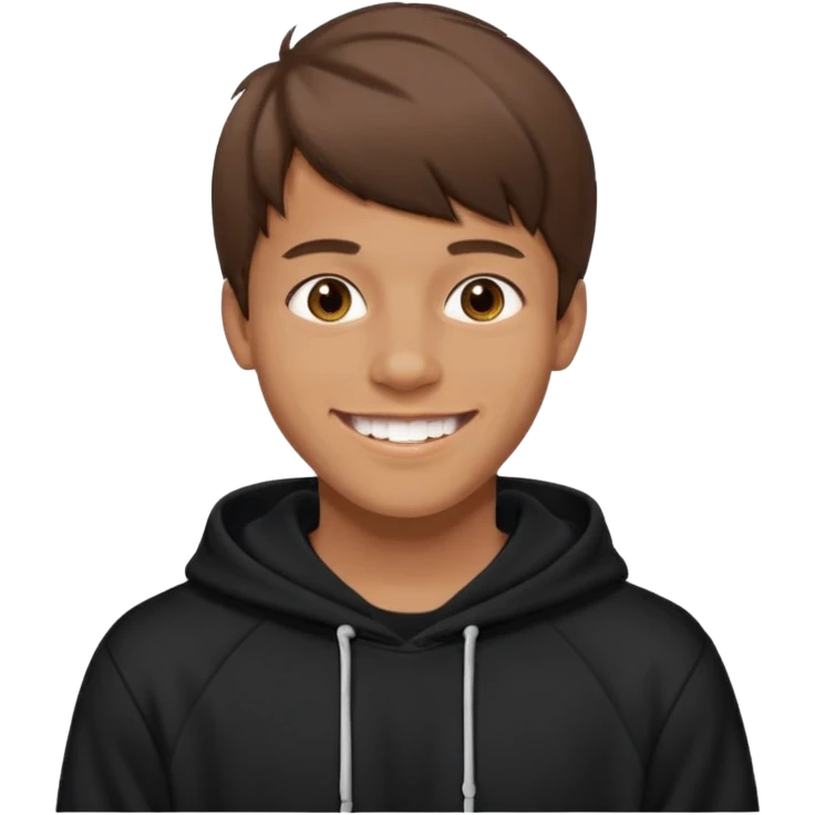 20 yr old man, brown hair, straight, big smile, white teeth, tanned skin, bangs, black hooded sweatshirt emoji