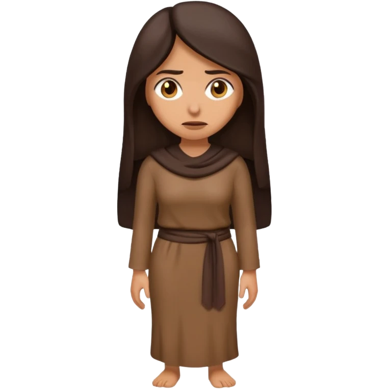 Cartoon emoji of a Middle Eastern-looking woman with long, loose dark hair, wearing chocolate-colored clothes. Full-height, standing, nervous, unsure, worried expression. Slightly hunched, anxious posture. Smooth, simple, stylized. emoji