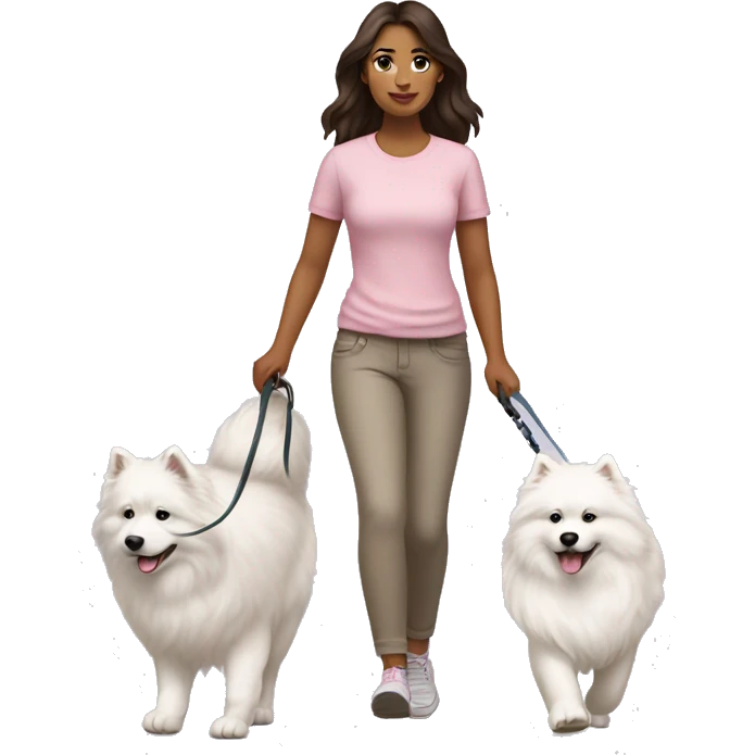 full body view of brunette female with light pink skin tone walking one samoyed dog on a leash emoji