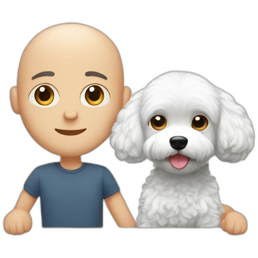 A bald man and long haired couple holding white maltipoo emoji
