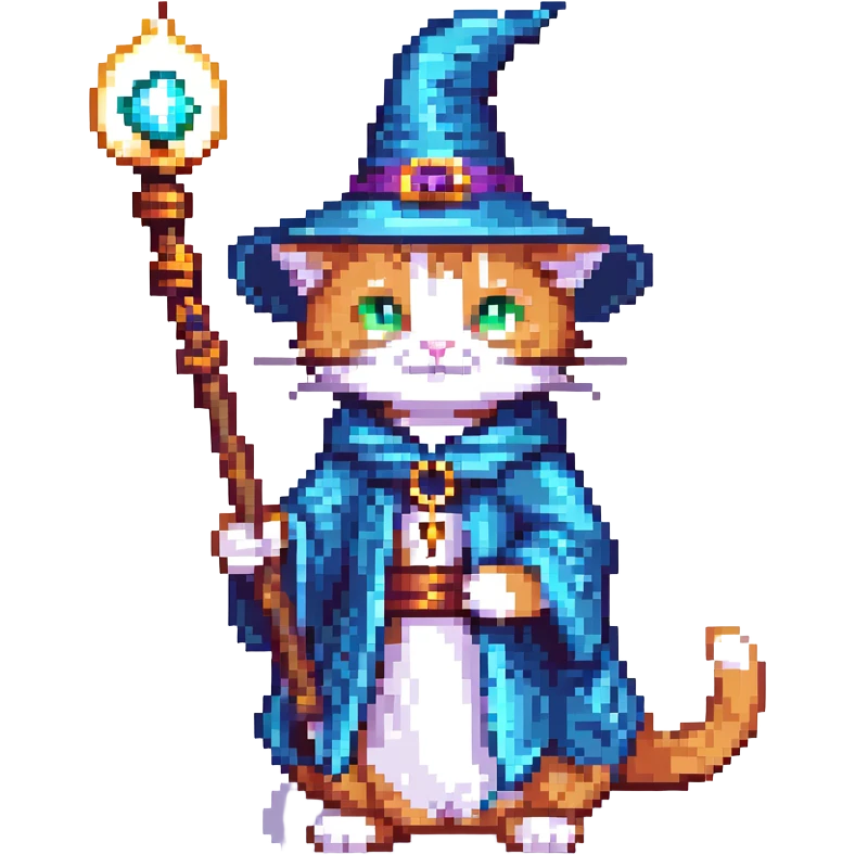 a wizard cat with a magic staff, pixel art style emoji