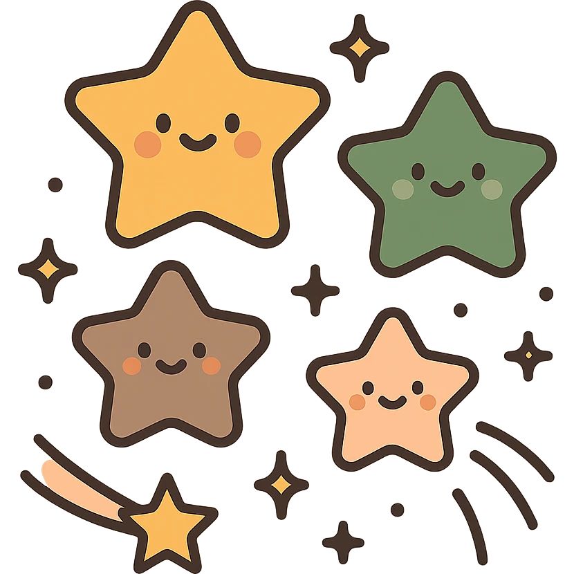 A  collection of cute, glowing stars floating gently in a soft, dreamy sky. The stars vary in size and are designed in a warm and whimsical color palette: golden orange (FA9B41), deep forest green (4A7C5C), muted taupe brown (96775A), and pastel peach (FFCC9A). Each star has a soft, rounded shape with tiny smiles or sparkles on their surfaces, giving them a friendly, magical look. Some are twinkling, while others leave gentle trails of light in peach and gold. The background is softly lit, creating a cozy, enchanted atmosphere like a bedtime story illustration. emoji