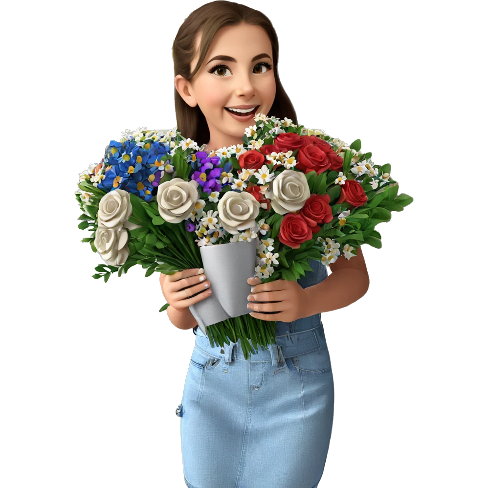 smiling girl with flower bouquet emoji