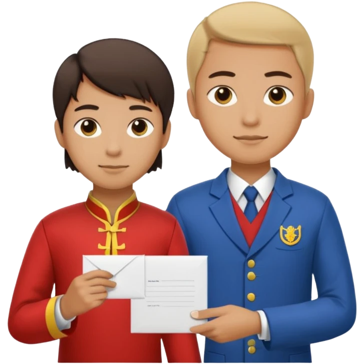 a university student with T-shirt handing letter to a official with chinese tunic suit emoji