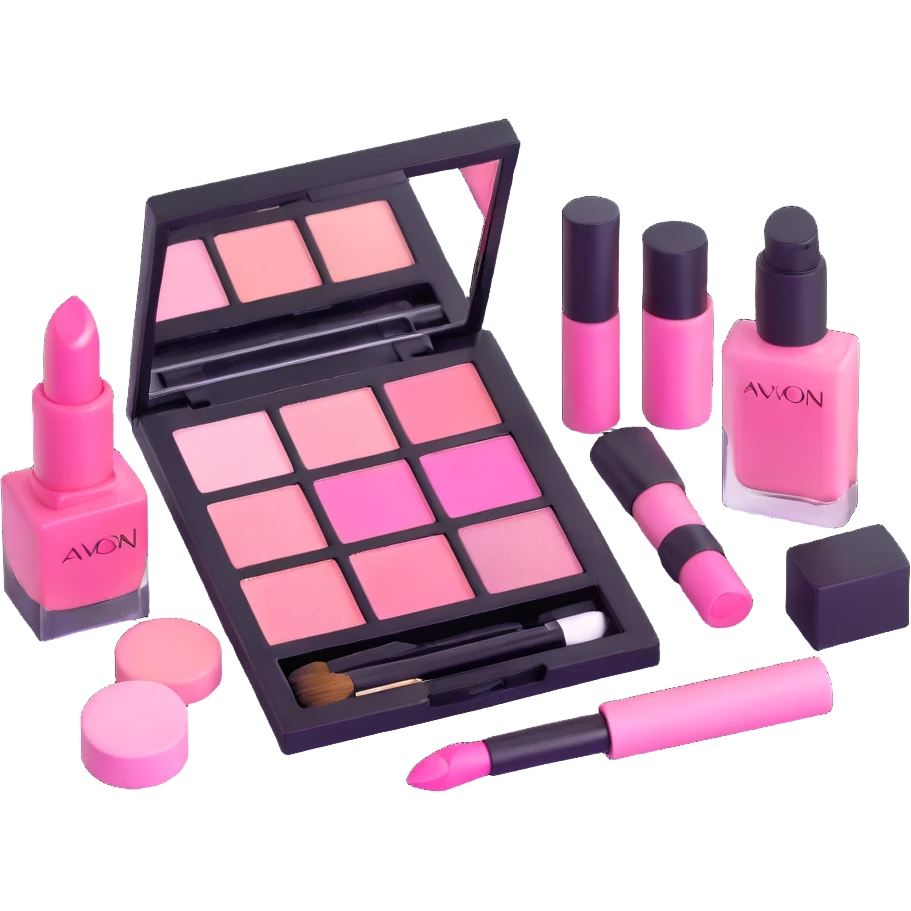 Pink AVON makeup set with pink lipstick, pink blush, and pink eyeshadow palette emoji