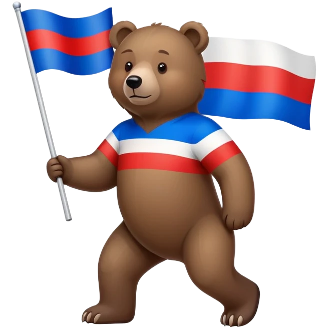 Brown bear on four legs with Russian tricolor flag (white, blue, red horizontal stripes) on its back, minimalist design emoji