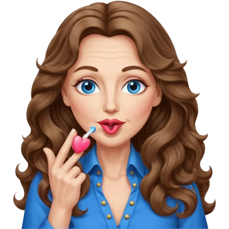 Extra Long wavy hair, brown hair, blue eyes Caucasian, age 50, sexy clothes boobies, blowing kiss emoji