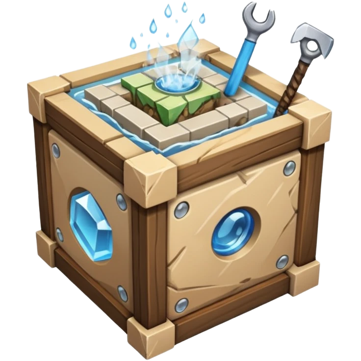 crafting table with tools, stone, wood, glass, sand, steam, water... like a minecraft style cube crafting table 100% like a minecraft table crafting, with on the right, left, a glass showing crafting merging between stone and wood emoji
