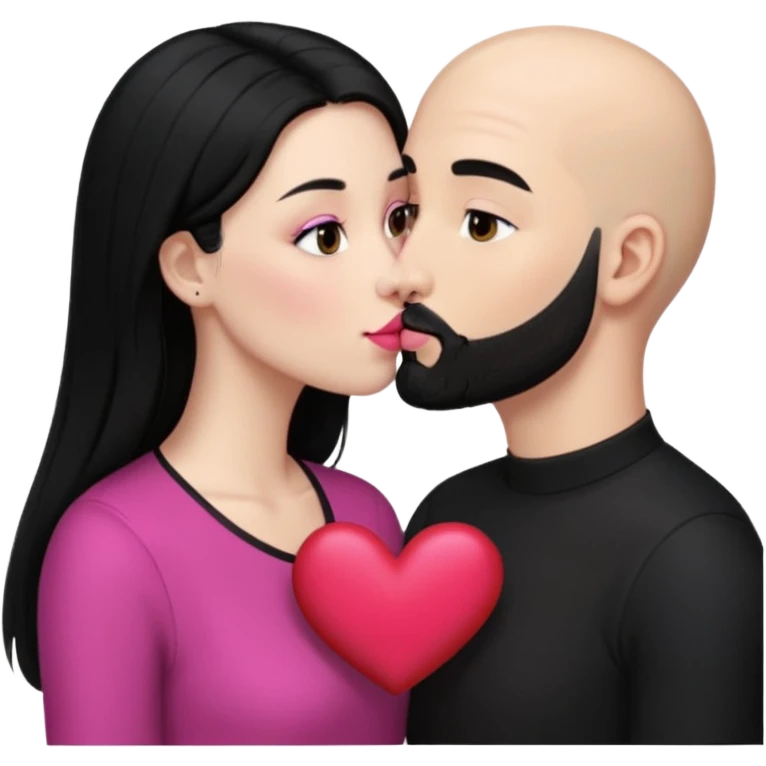 👩🏻‍❤️‍💋‍👨🏻 this one but the man should be bald. white woman with long black hair and white bald young man whoitiut hair and a heart between their heads. she has pink lips and both have brown eyes. he has e full beard but short. both wear black. they kiss slowly emoji