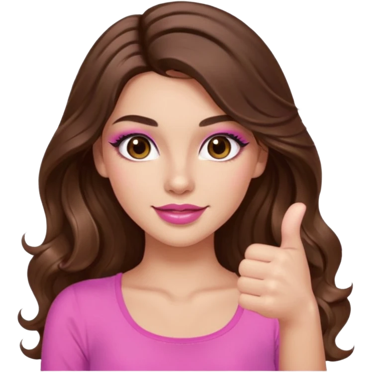 girl with long wavy brown hair, brown eyes, long lashes makeup, sexy pink lips, light to medium complexion, wearing a pink sexy top, thumbs up emoji