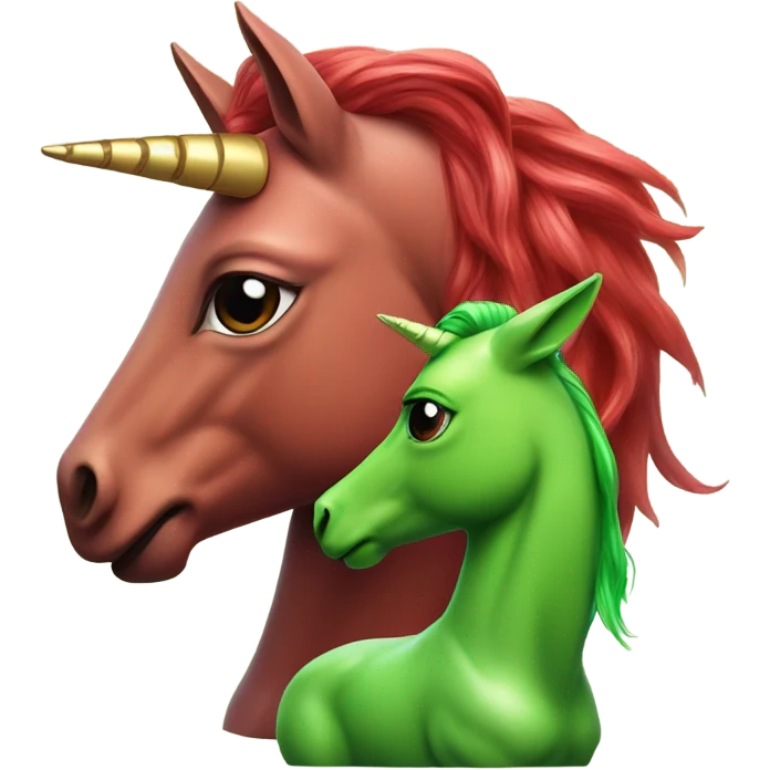 four-legged red unicorn a green amazon alien woman, on a unicorn emoji