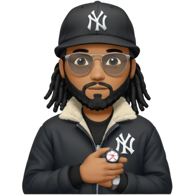 African American man with shoulder length black dreadlocks with black beard wearing black sunglasses wearing a black bubble winter coat and a New York Yankees logo baseball cap looking at watch emoji
