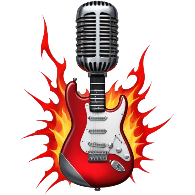 Create a fierce and edgy emoji representing hardcore rock vocal performance in a humanless collage. The design should feature a vintage microphone at the center, surrounded by a menacing, distorted electric guitar with sharp, aggressive angles. Add crossed drumsticks behind the microphone to symbolize the rhythm and power of the drums. Include subtle elements like lightning bolts, flames, or jagged sound waves to evoke the raw energy and intensity of hardcore rock. Use dark, intense colors like black, red, and silver, with a metallic, gritty finish to convey the rebellious, aggressive spirit of the genre. The background should be transparent. emoji