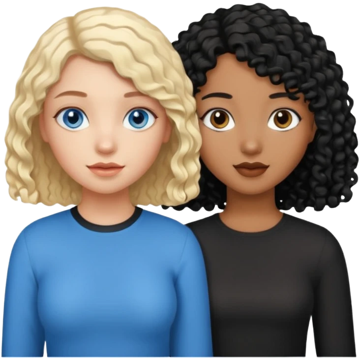 Girl best friends, one white with blond bob and blue eyes, one black with long black curly hair emoji