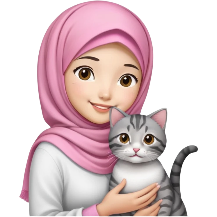 Asian White girl wearing pink hijab and white dress holding a black grey tabby cat while smiling.  emoji