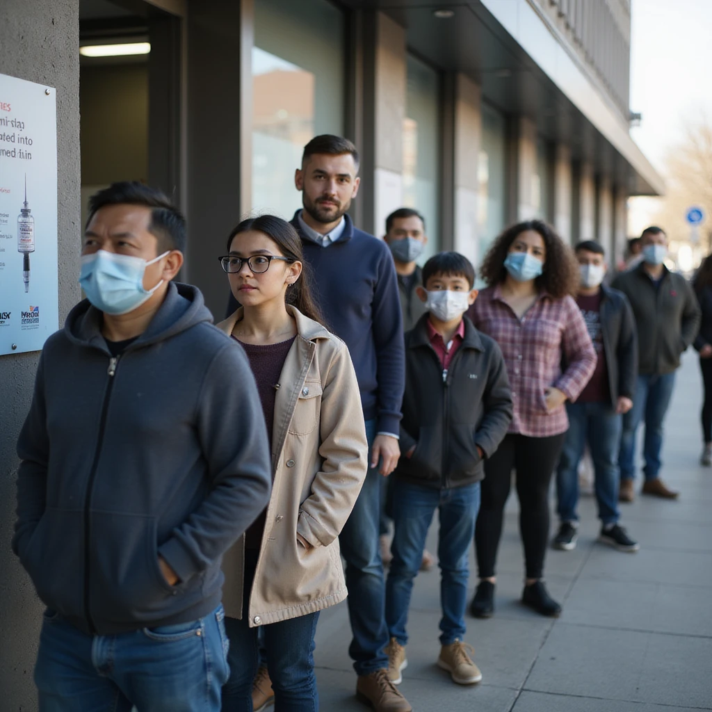photo-realistic documentary style, multigenerational group in line outside a modern clinic, some masked, clear vaccination poster, urban setting, soft daylight, 4K resolution emoji