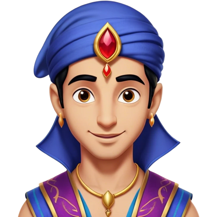 Cinematic Realistic Aladdin Portrait, head tilted playfully and inquisitively, showcasing his roguish charm and bright, mischievous eyes. His signature attire is rendered in exquisite detail with dynamic natural highlights, and a hint of magic sparkles about him—embodying a youthful, adventurous energy with friendly power. emoji
